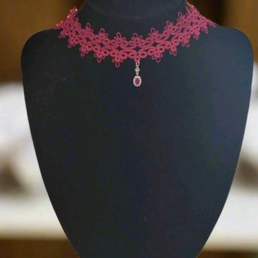 Hand Tatted Wine Lace Choker Necklace W/natural Ruby In Sterling Silver
